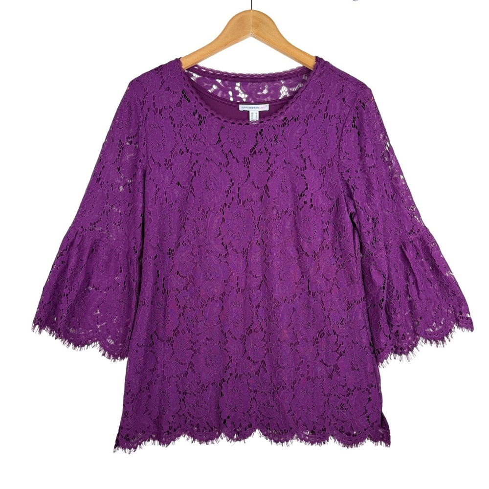 Isaac Mizrahi Live Purple Lace Blouse Size Medium Bell Sleeve Floral Pattern